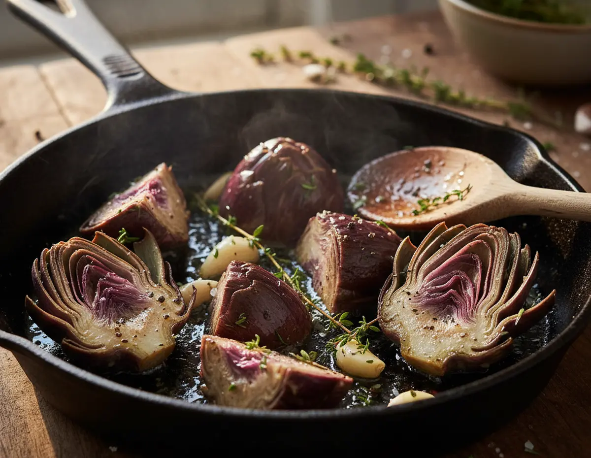 Petit artichaut à la poêle : recette facile pour des petits violets dorés et tendres